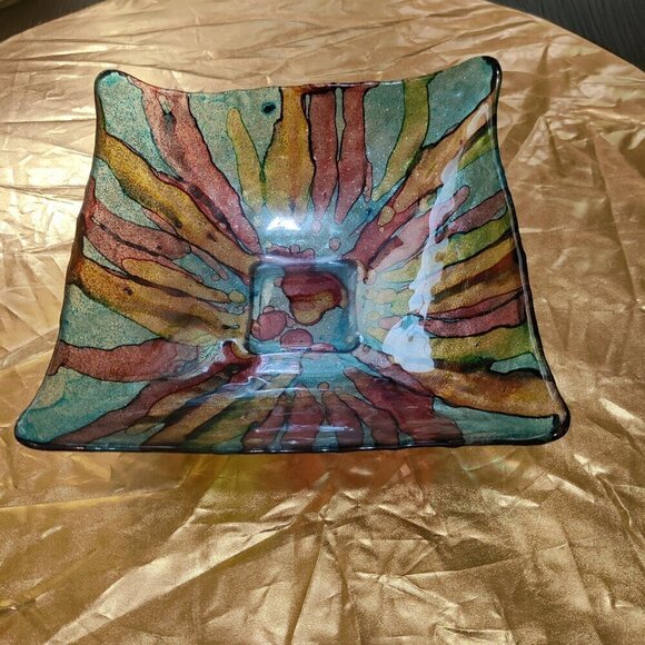 Art Glass Bowl, Italian 8" x 8" x 2.5" Has Sparkle, Primary Colors, Abstract - Picture 6 of 8